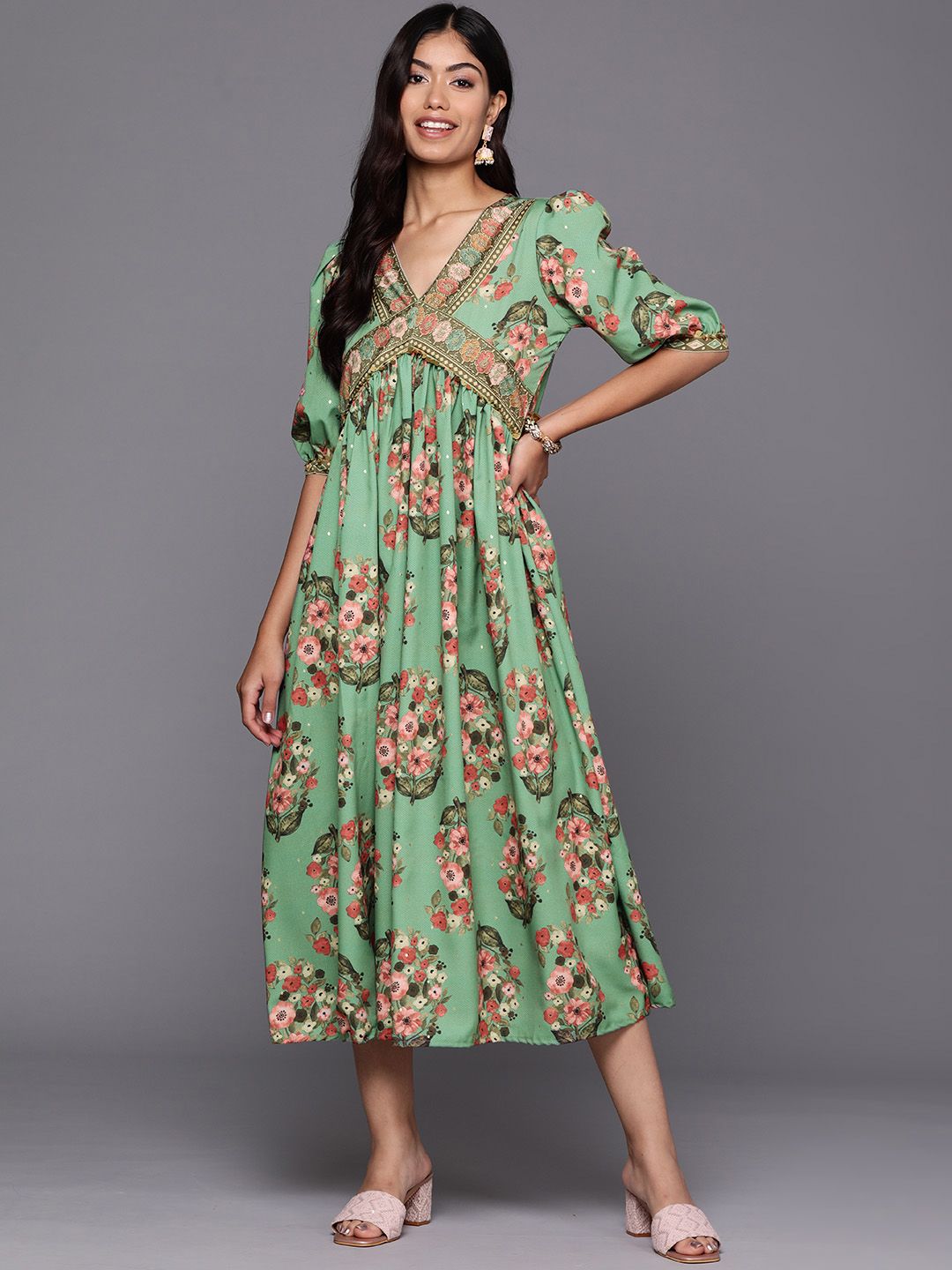 Ahalyaa Floral Print Puff Sleeve Crepe A-Line Midi Dress Price in India