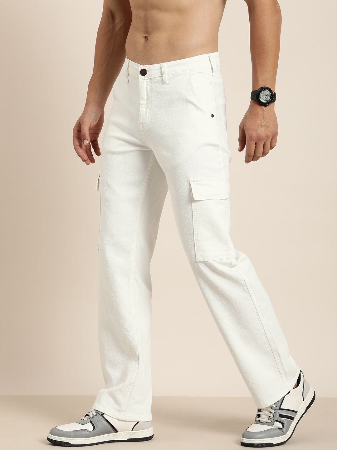 HERE&NOW Men Mid-Rise Relaxed Cargo Fit Stretchable Jeans