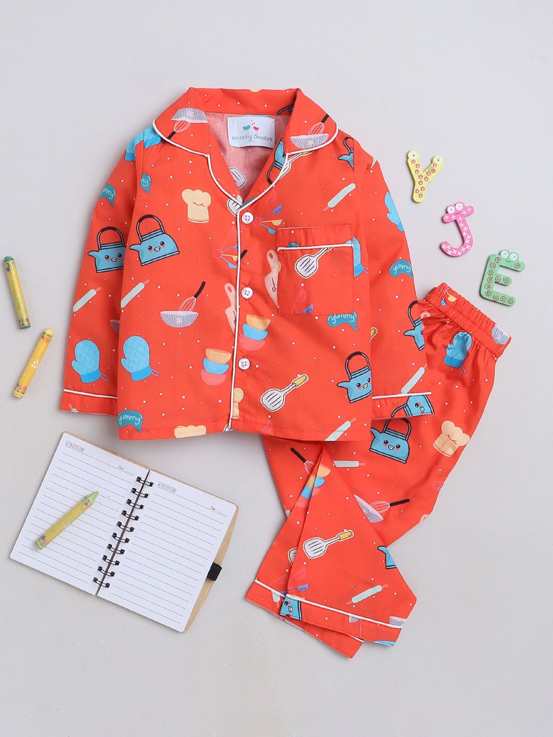 Knitting Doodles Kids Conversational Printed Shirt With Pyjamas