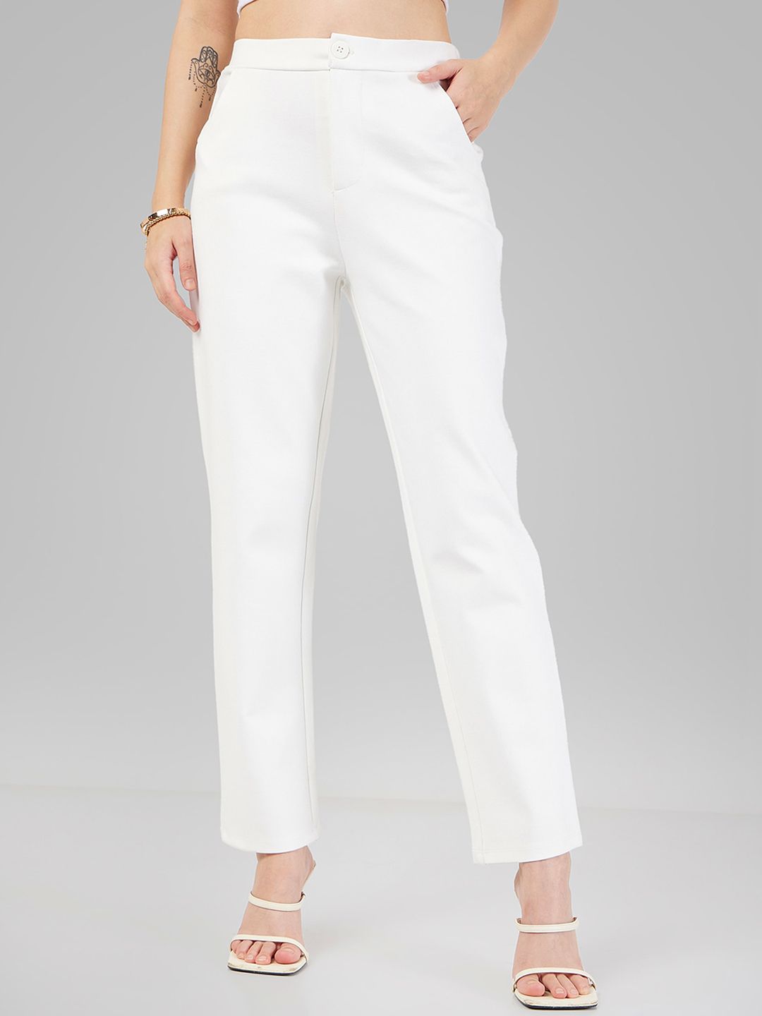 SASSAFRAS Women White Slim Fit Mid Rise Cigarette Trousers Price in India