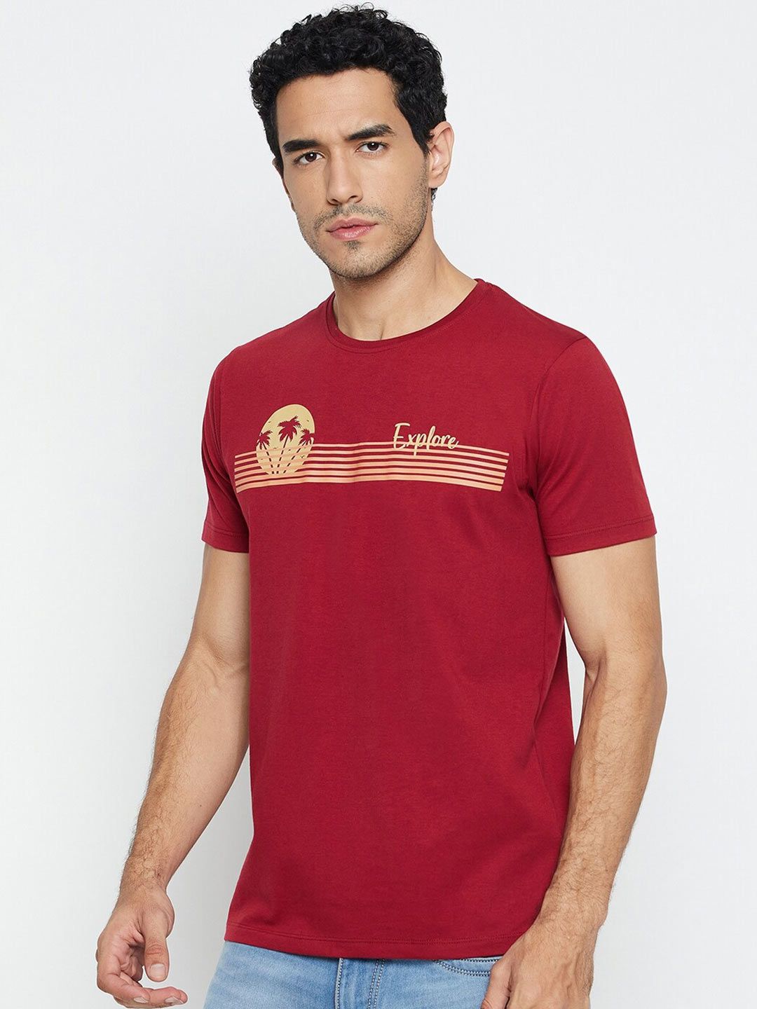 Mast & Harbour Maroon & Yellow Typography Printed Cotton T-shirt