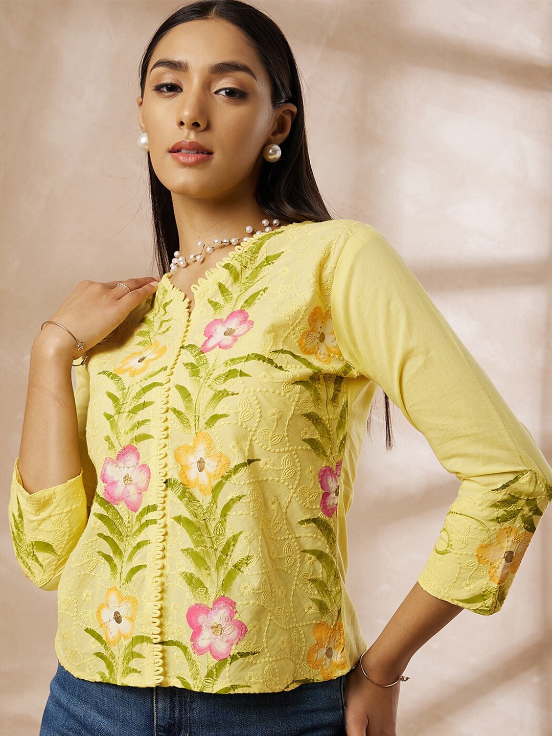 all about you Floral Embroidered Cotton Top Price in India