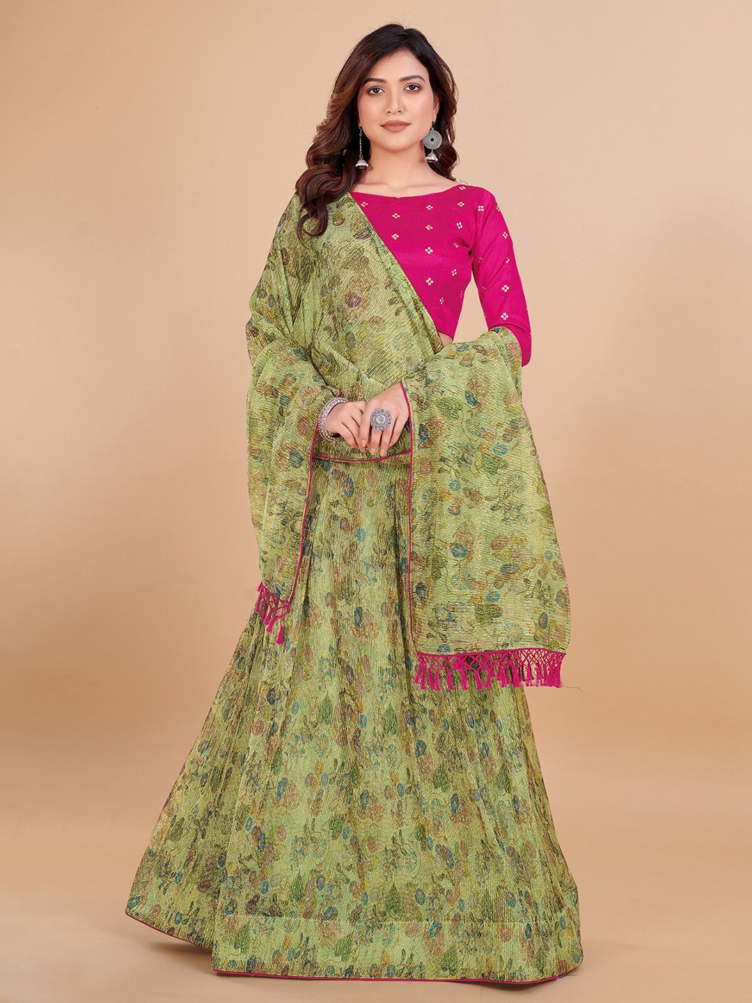 KALINI Green & Pink Embroidered Sequinned Ready to Wear Lehenga & Unstitched Blouse With Dupatta Price in India