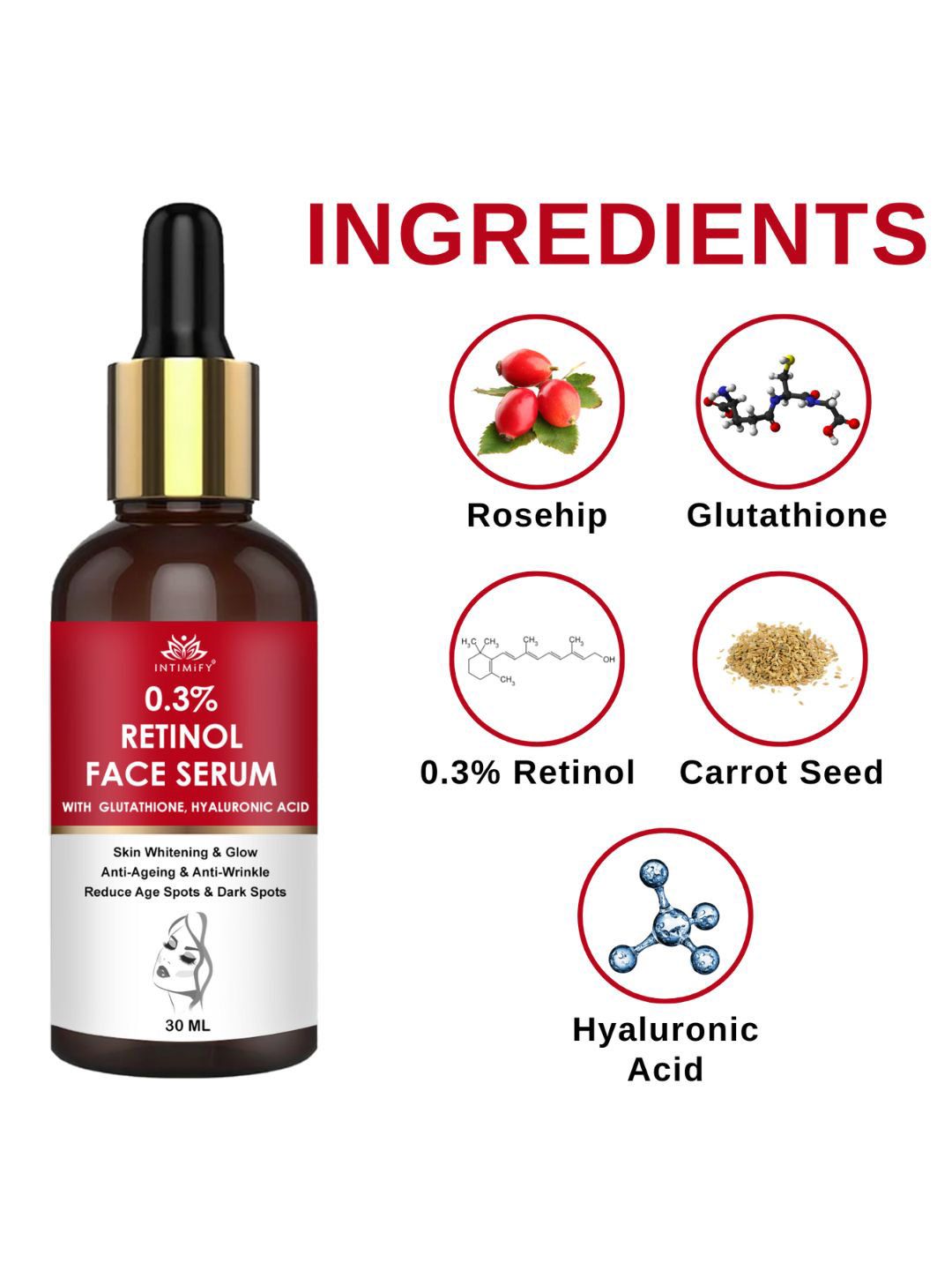Buy INTIMIFY 0.3% Retinol Face Serum With Glutathione & Hyaluronic Acid -  30ml - Serum and Gel for Women 25035140