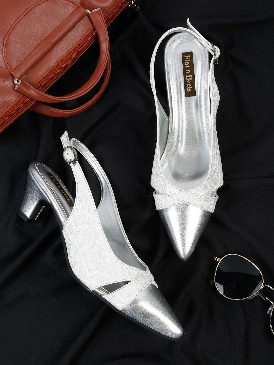 Flat n Heels Pointed Toe Block Pumps With Backstrap