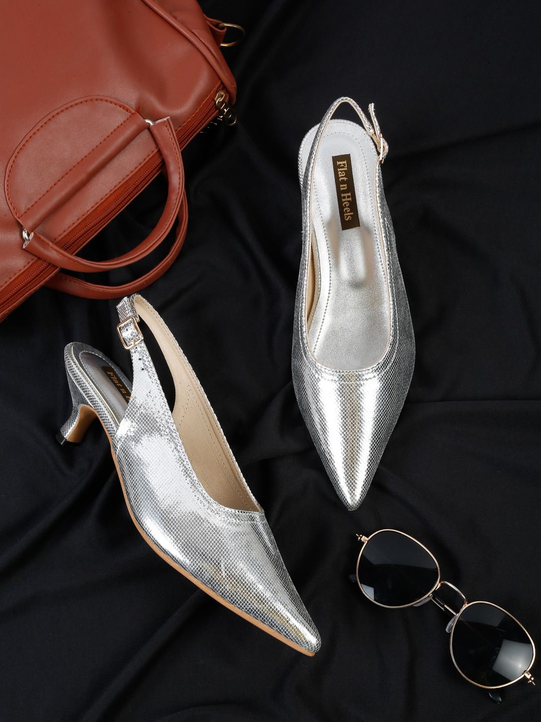 Flat n Heels Pointed Toe Textured Kitten Heels