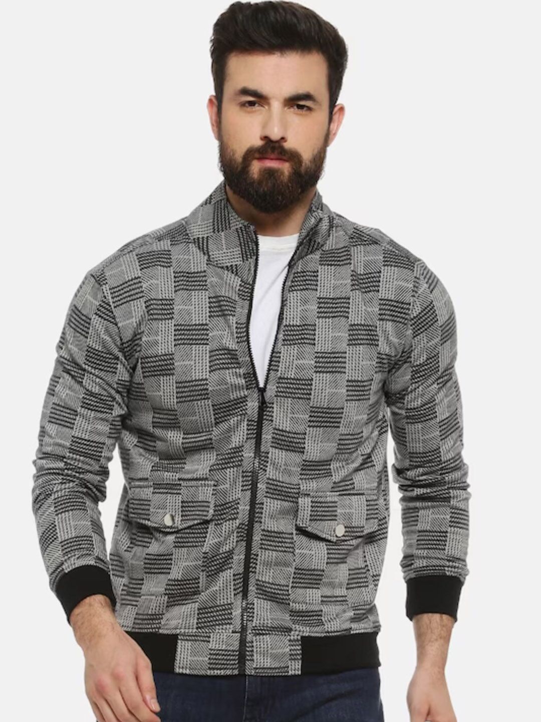 CAHOOT Grey Checked Stand Collar Windcheater Bomber Jacket