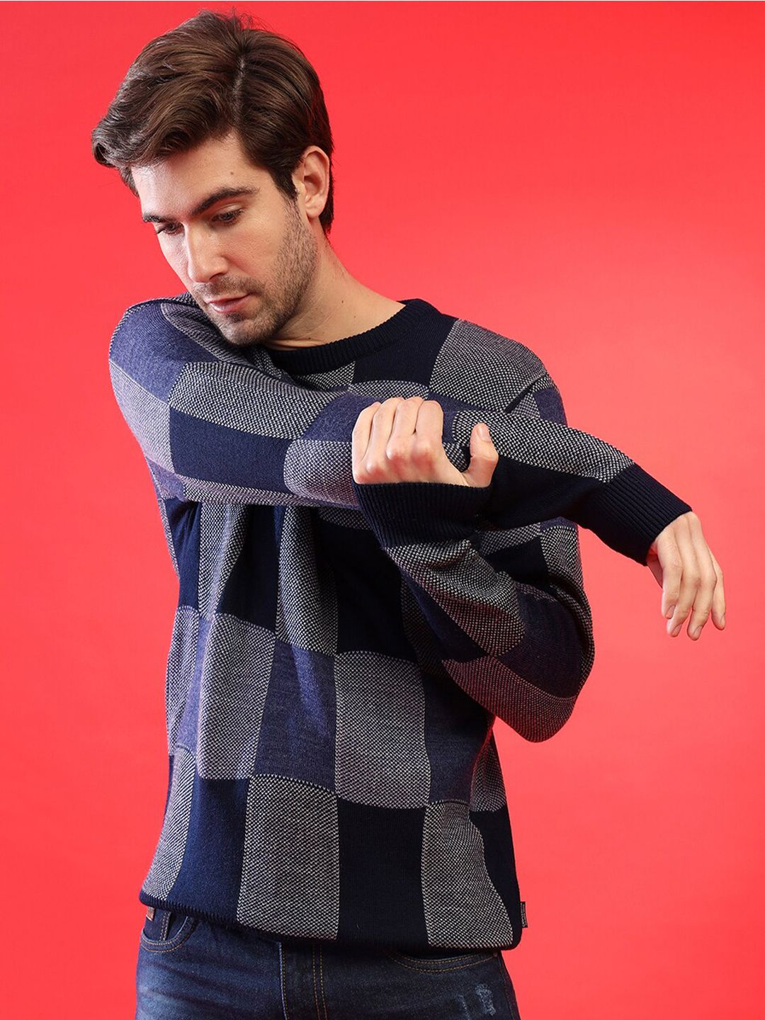 CAHOOT Blue & Grey Checked Woollen Pullover Sweaters