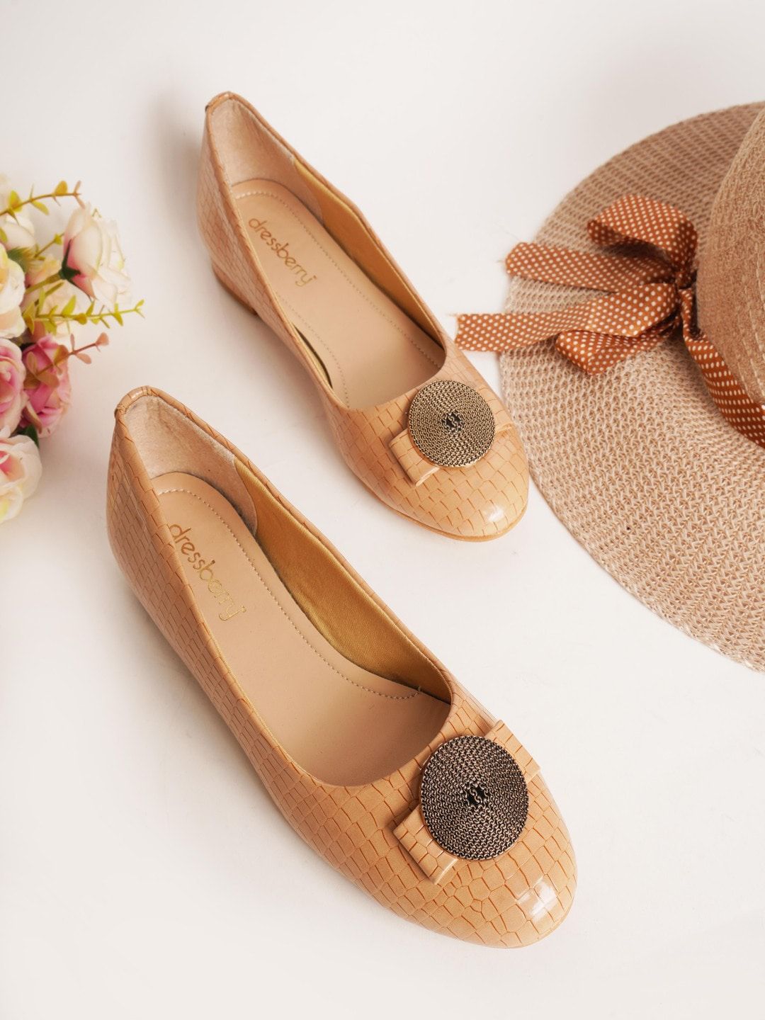 DressBerry Tan Brown Textured Embellished Ballerinas