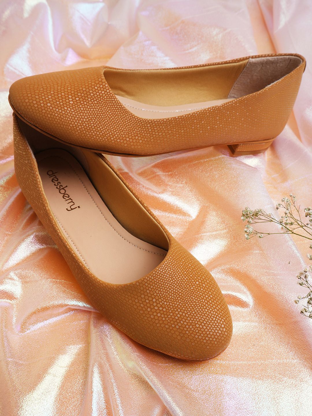 DressBerry Tan Brown Round Toe Textured Ballerinas