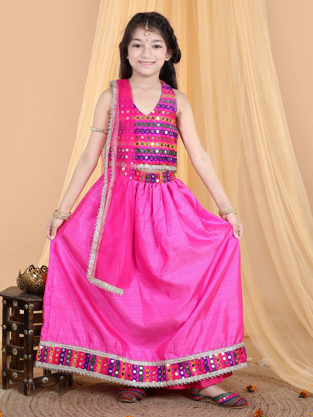 Cutiekins Girls Embroidered Mirror Work Ready to Wear Lehenga & Blouse With Dupatta Price in India
