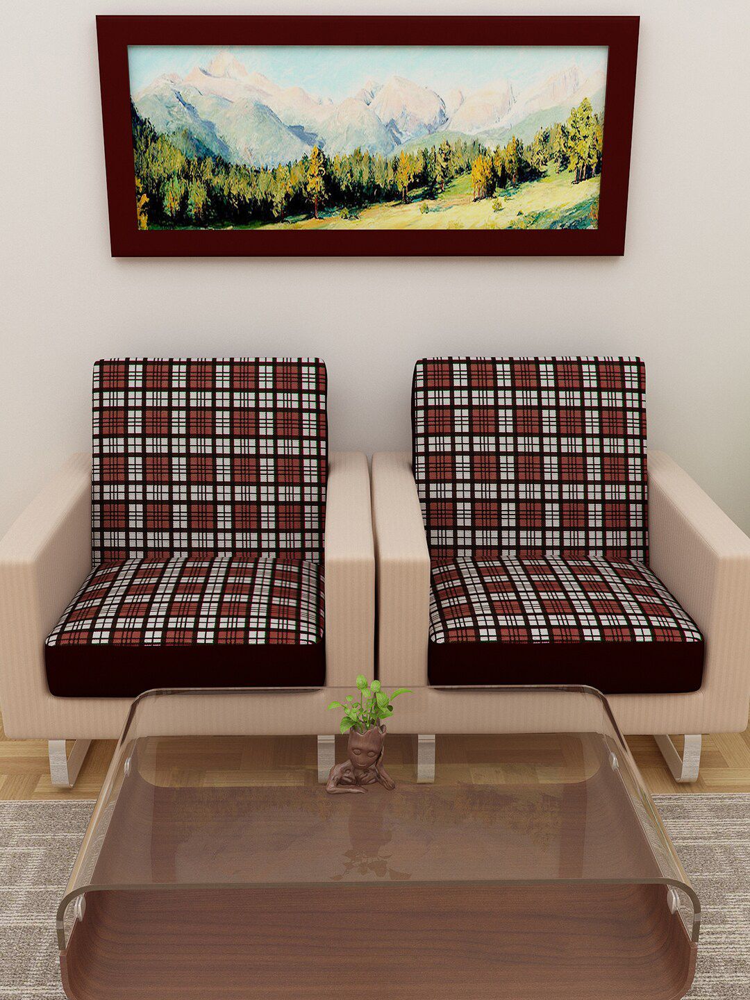 DREAM CARE Checkered Cotton Stretch Fit 4PC Straight 2 Seater Sofa Protector-23x23In