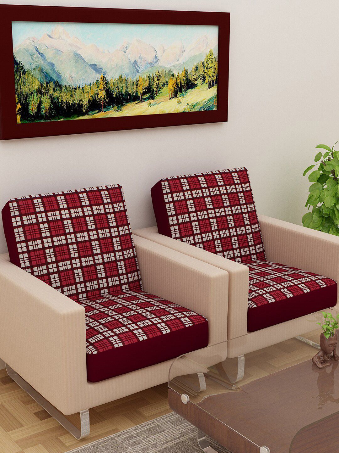 DREAM CARE Stretchable Checkered Cotton 4PC Straight 2 Seater Sofa Protector-23x23In