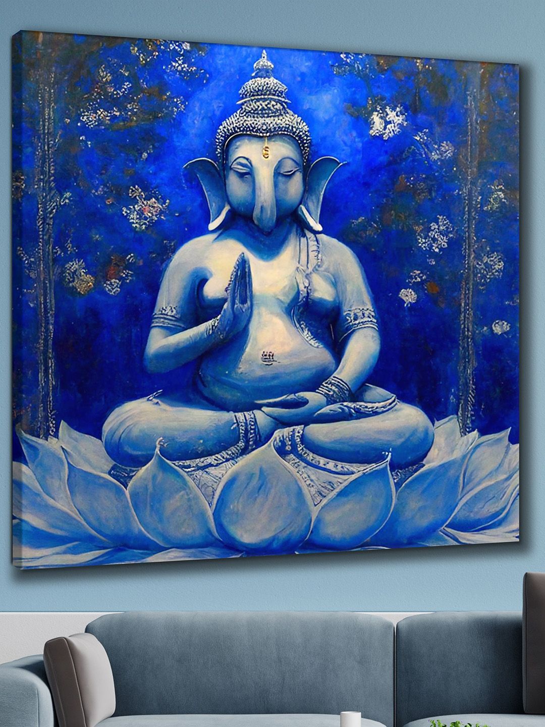 SAF Blue & Black Wooden Framed Lord Ganesha Canvas Wall Art