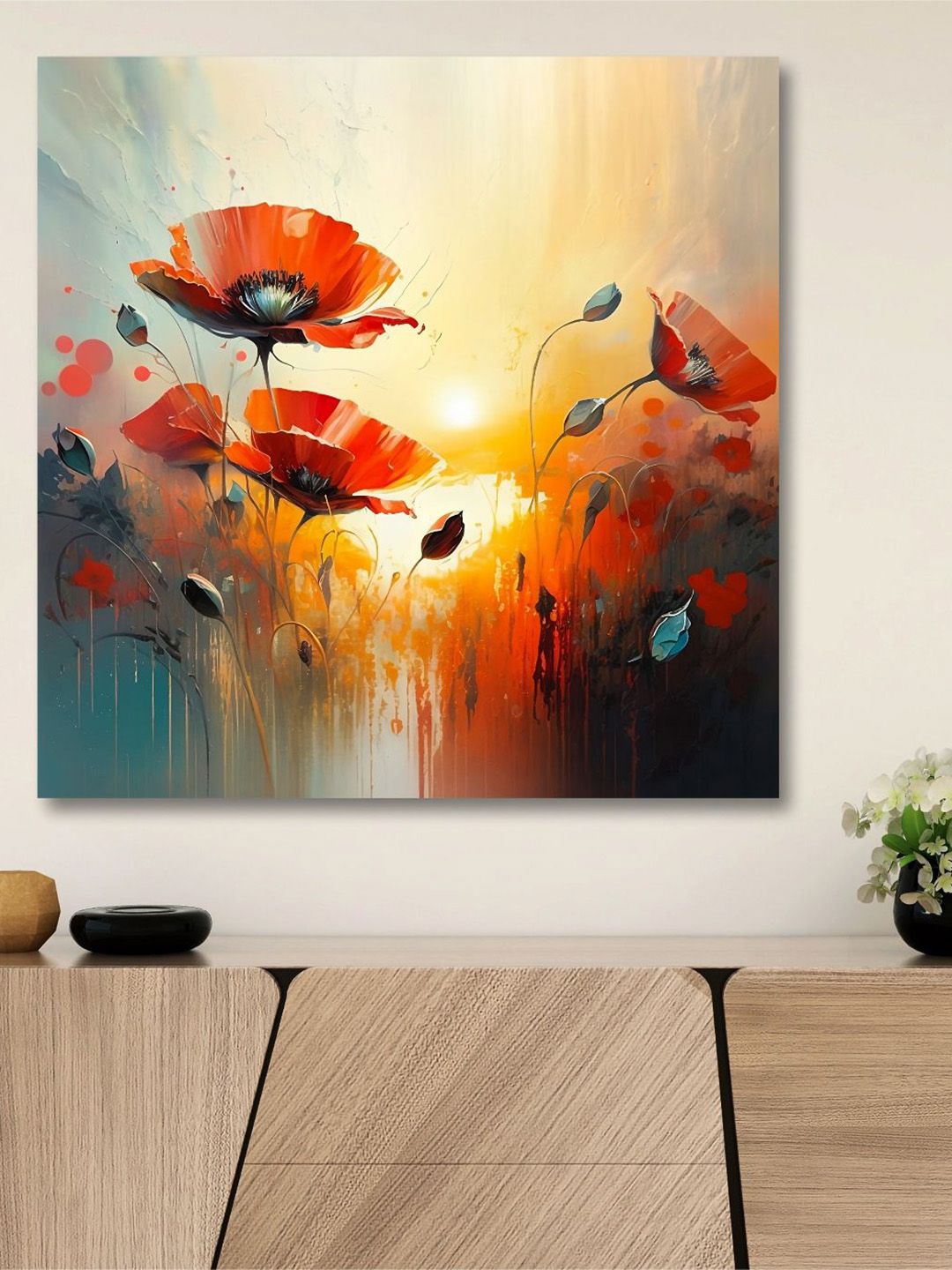 SAF Orange & Yellow Wooden Framed Floral  Canvas Painting Wall Art