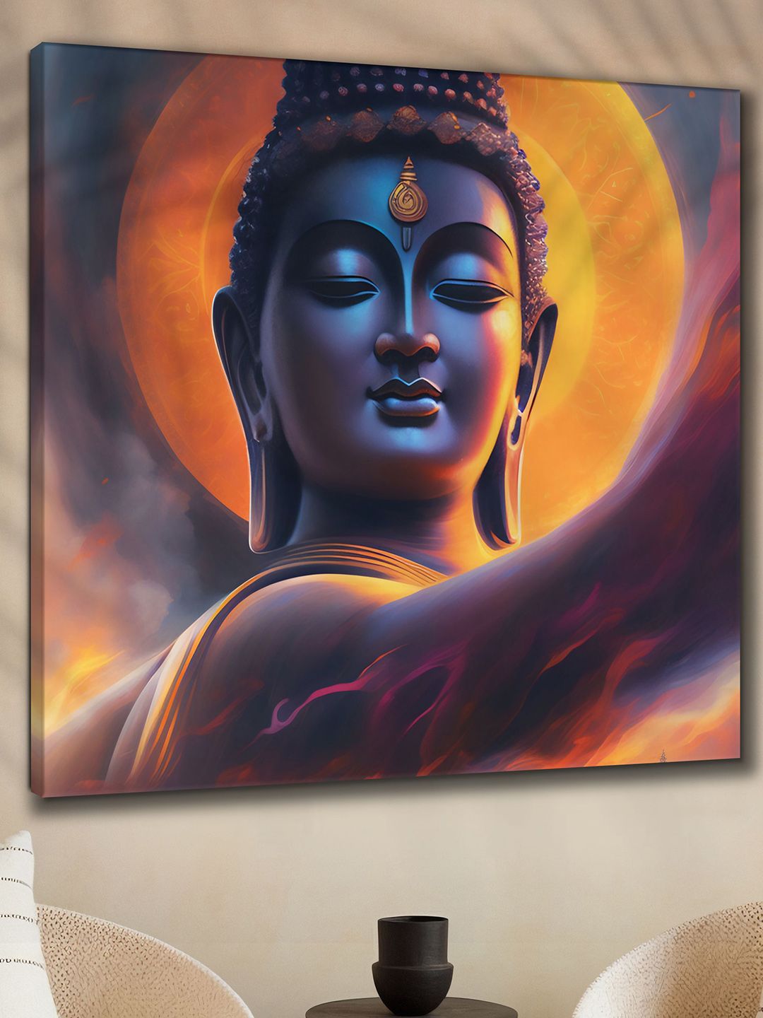 SAF Orange & Blue Wooden Framed Lord Buddha Canvas Painting Wall Art