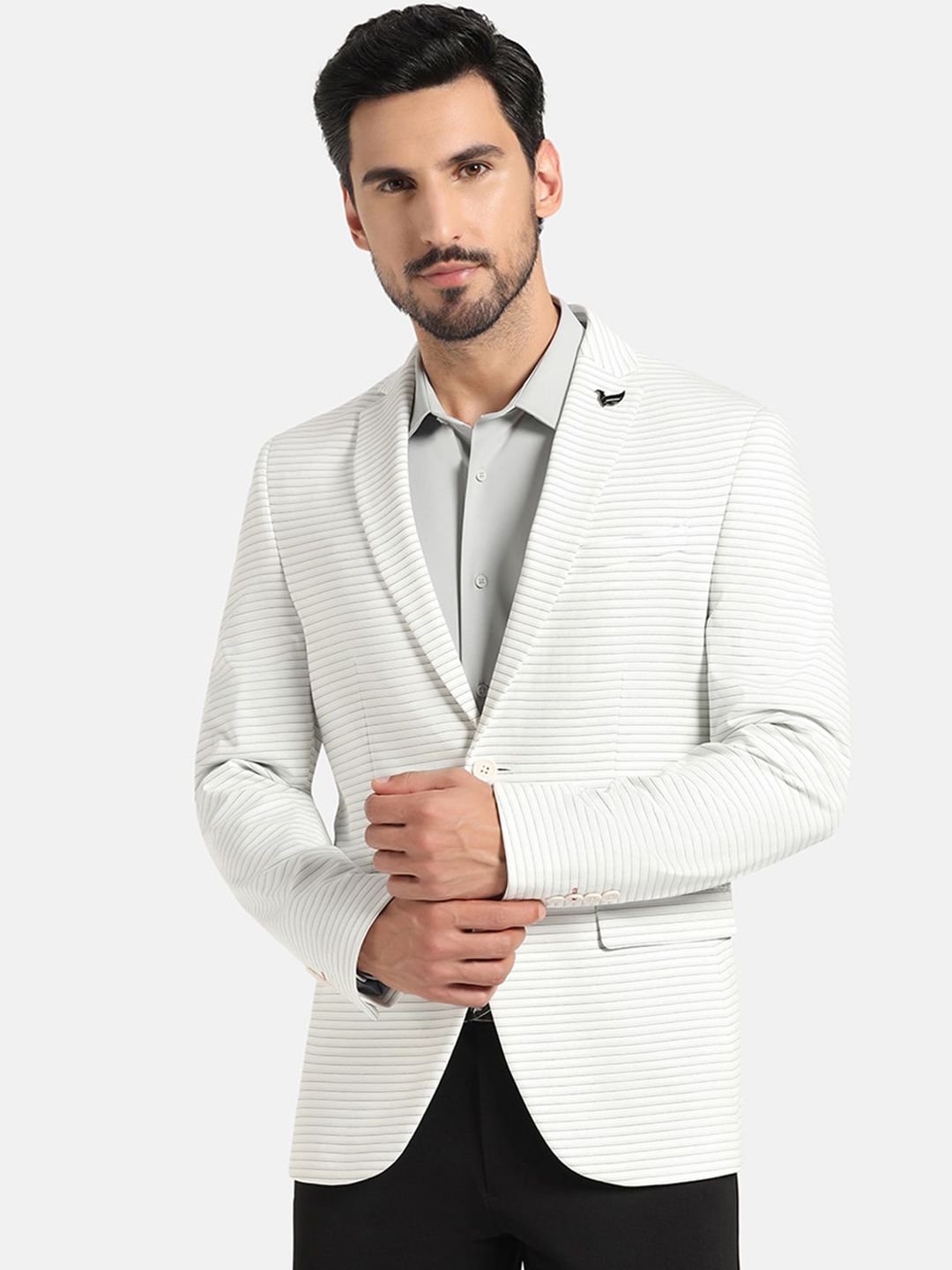 Blackberrys Men Formal Grey Striped TechPro Blazer