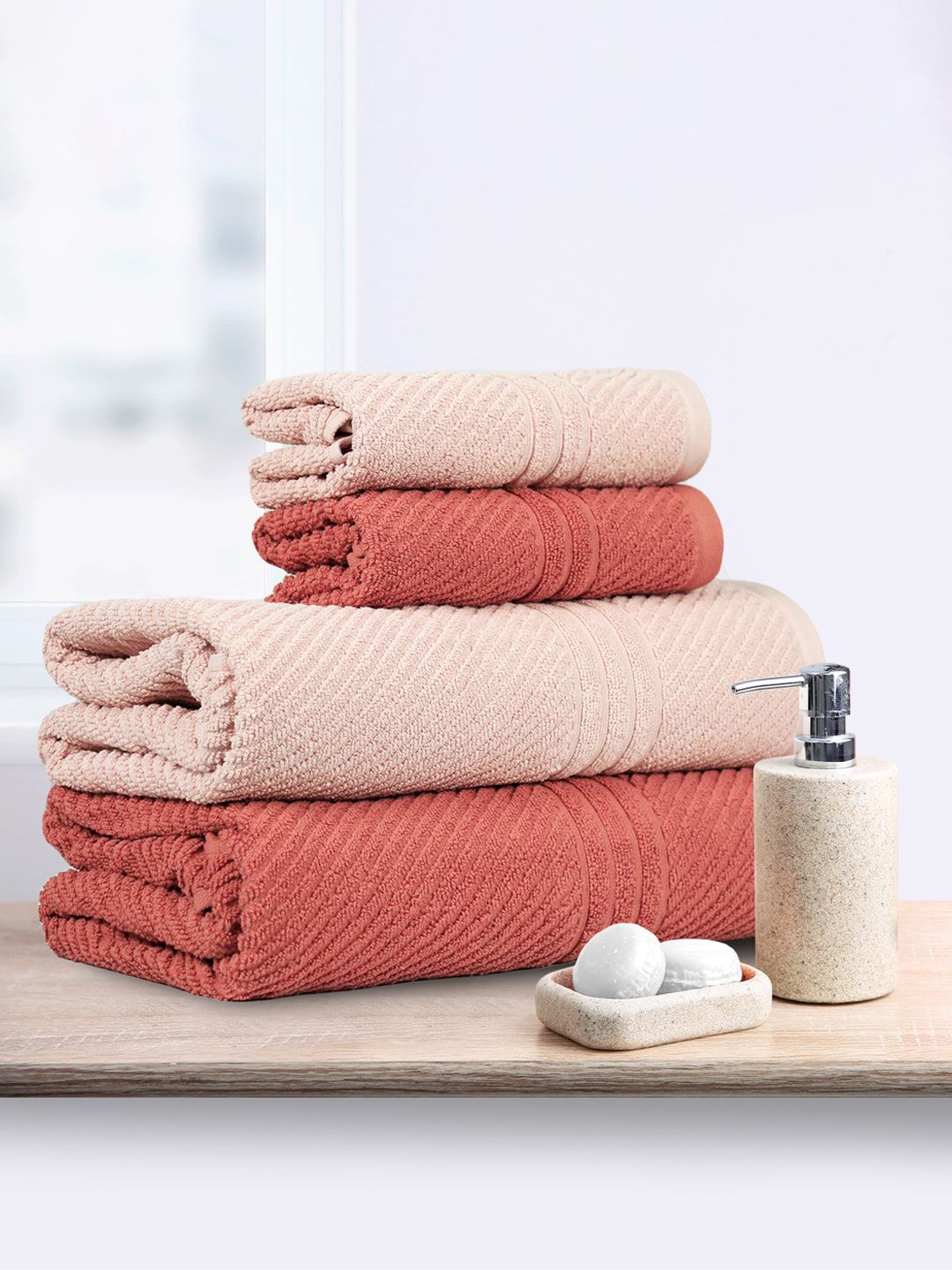 MYTRIDENT Coral  Pink 4 Pieces 500 GSM Pure Cotton Towels