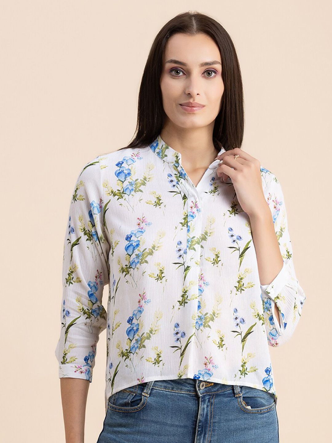 Moomaya White Floral Print Mandarin Collar Crepe Shirt Style Top Price in India