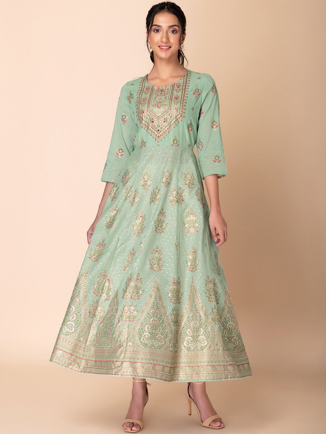 INDYA Floral-Printed Pure-Cotton Anarkali Kurta