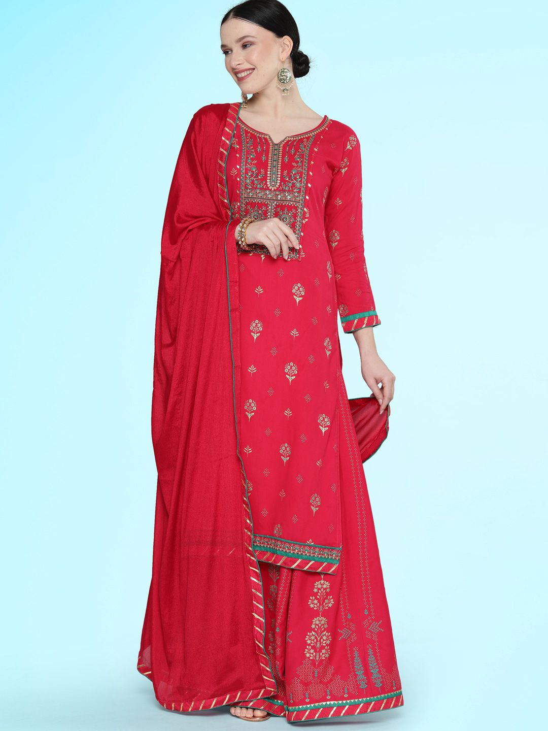 Sangria Printed & Embroidered Straight Kurta With Skirt & Dupatta Set Price in India