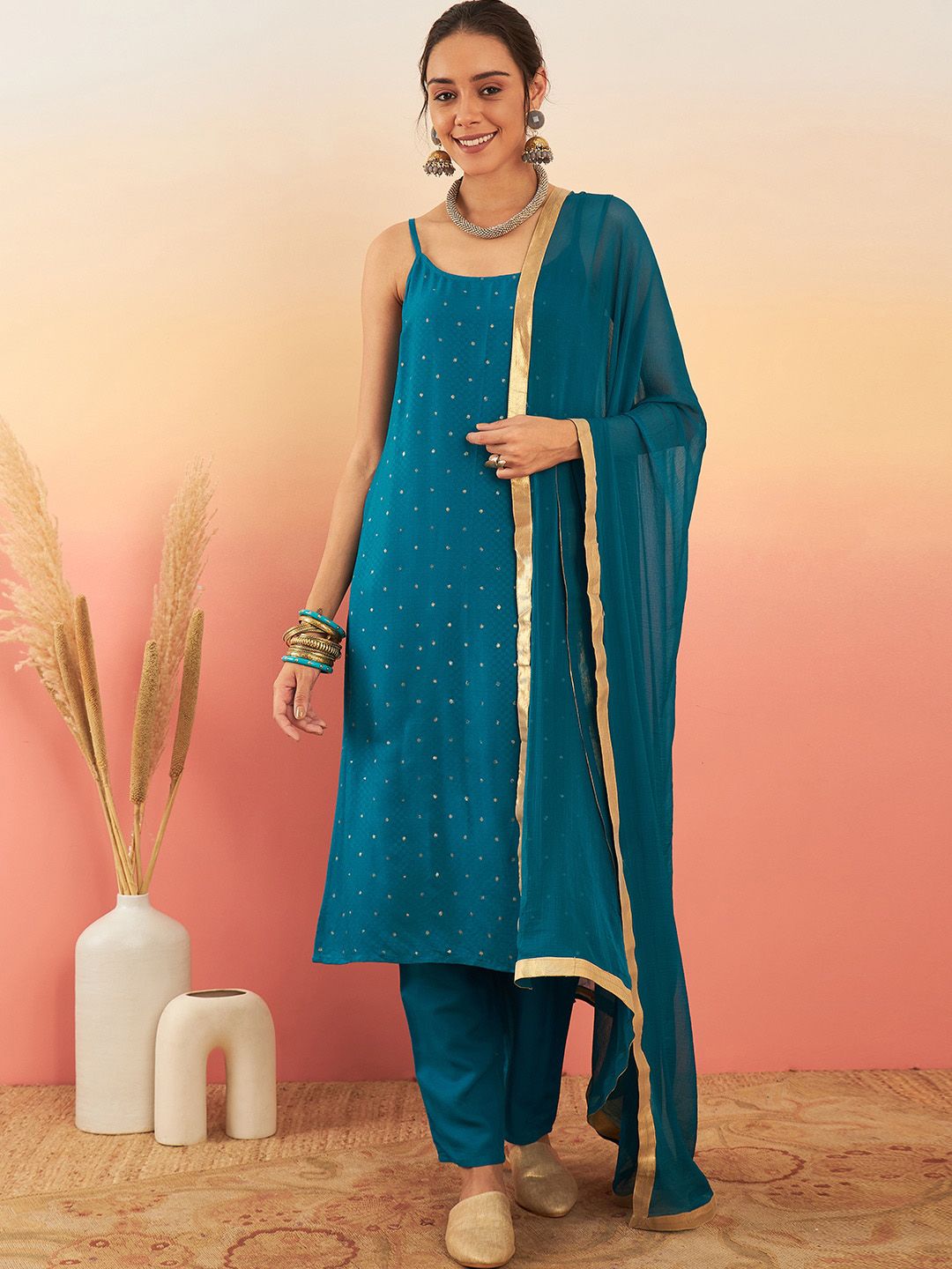 Sangria Self-Designed Straight Kurta With Trouser & Dupatta Set