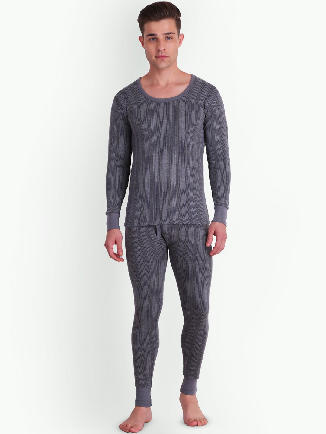 T.T. Elite Striped Round Neck Ribbed Polyfill Technology Thermal Set