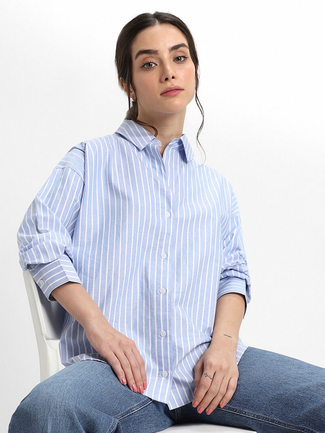 DL Woman Oversized Vertical Stripes Pure Cotton Oxford Casual Shirt