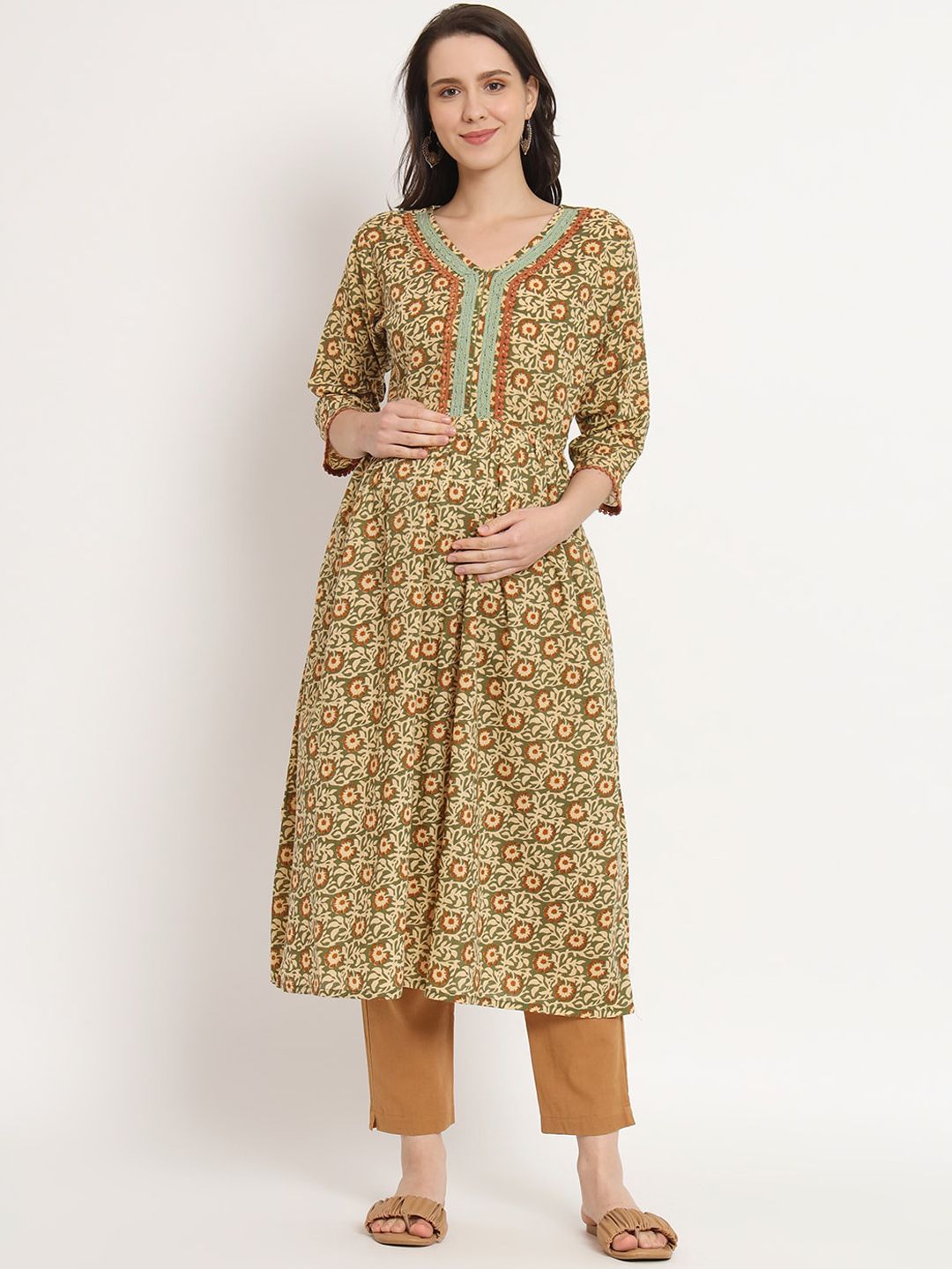 Aujjessa Floral Printed V-Neck Thread Work Anarkali Maternity Feeding Pure Cotton Kurta