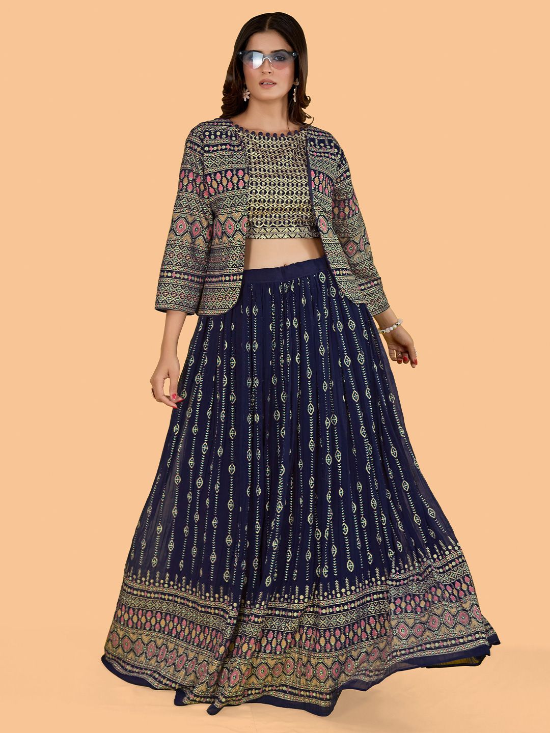 CHANSI Navy Embroidered Sequinned Foil Print Ready to Wear Lehenga & Choli With Jacket Price in India