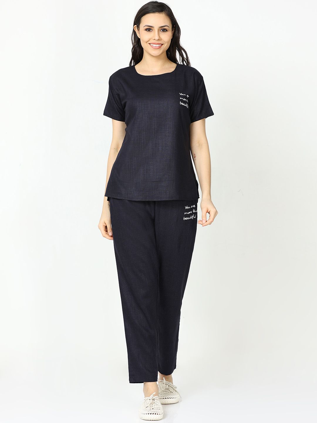 9shines Label Pure Linen Blue Night Suit with Pockets