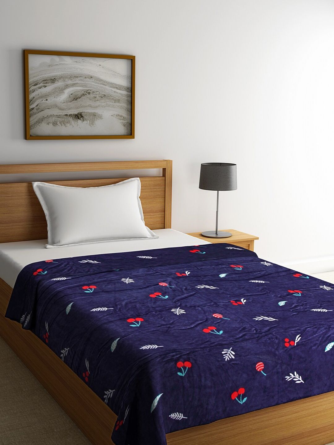 Cortina Cortina Navy Blue & White Floral Microfiber AC Room 120 GSM Single Bed Blanket