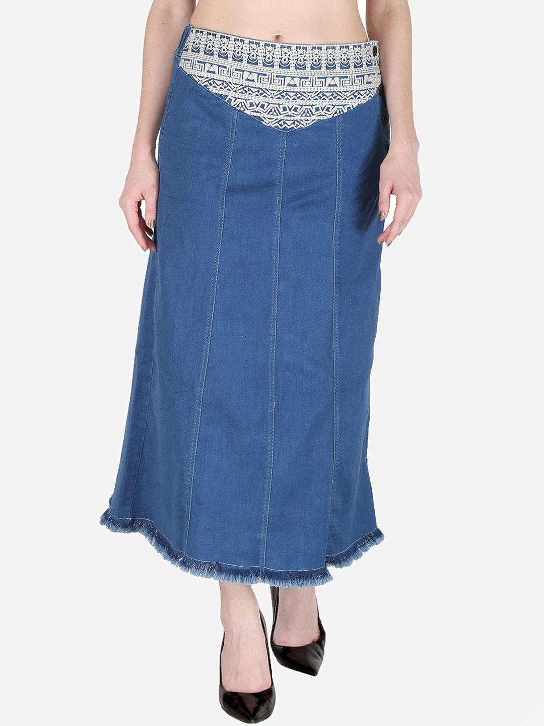 SUMAVI-FASHION Denim Front Embroidered Maxi Skirt Price in India