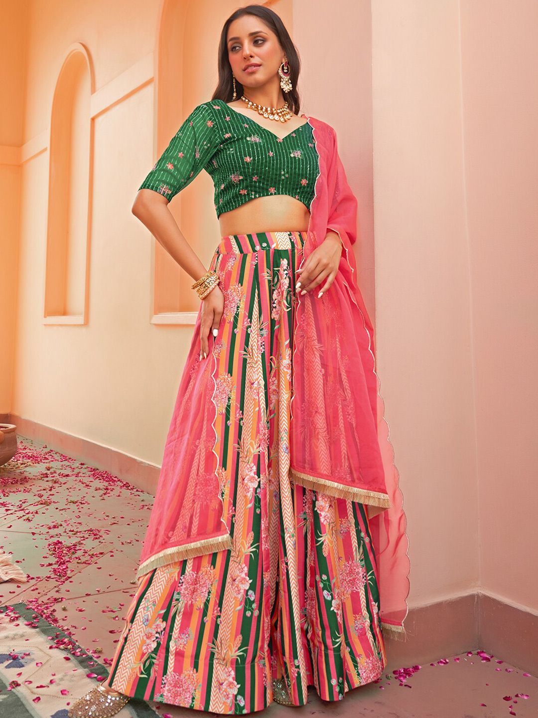 Janasya Floral Printed Sequinned Ready to Wear Lehenga & Blouse With Dupatta Price in India