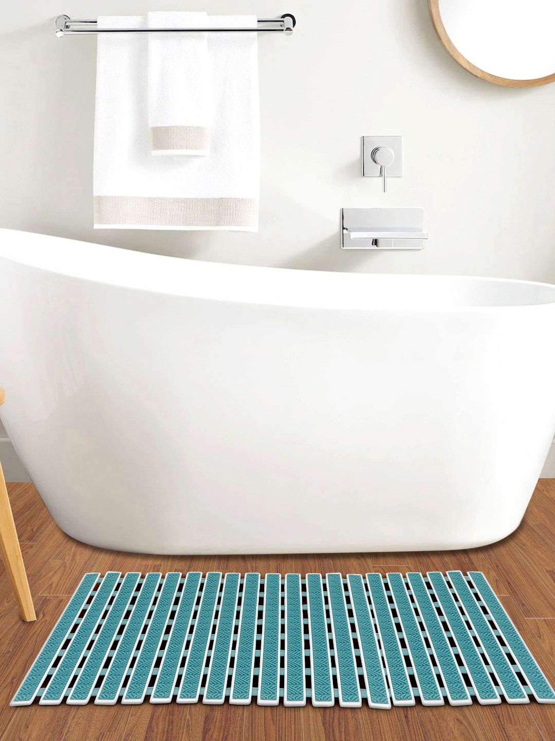 FABINALIV Green Striped Anti-Skid Rubber Shower Mat with Suction Cups