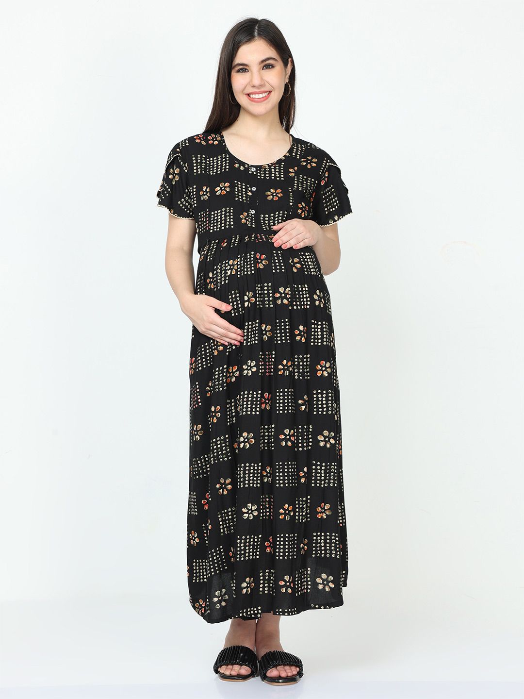 9shines Label Ethnic Motifs Printed Flared Sleeves Maternity Maxi Dress Price in India