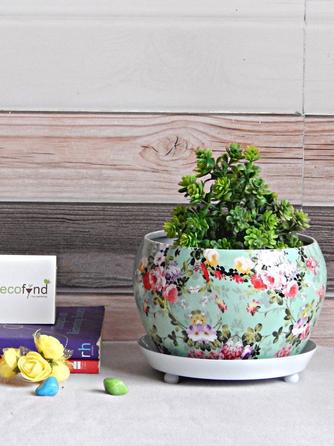 ecofynd Sea Green & Pink Printed Metal Planter with Saucer Plate