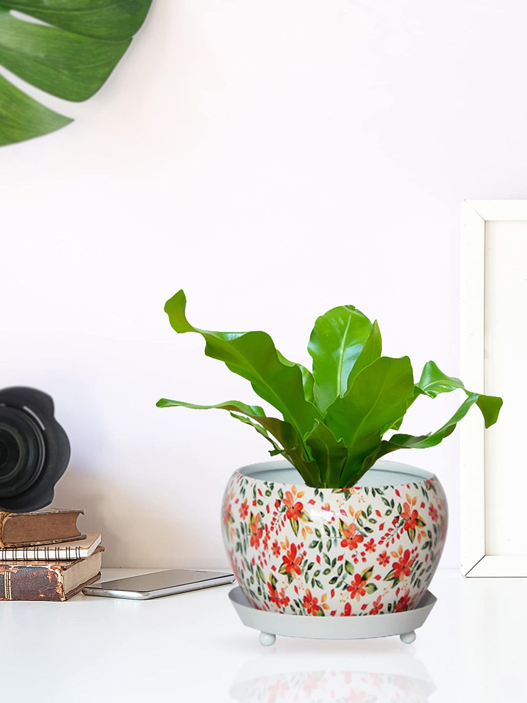 ecofynd White & Orange Printed Metal Planter With Saucer Plate