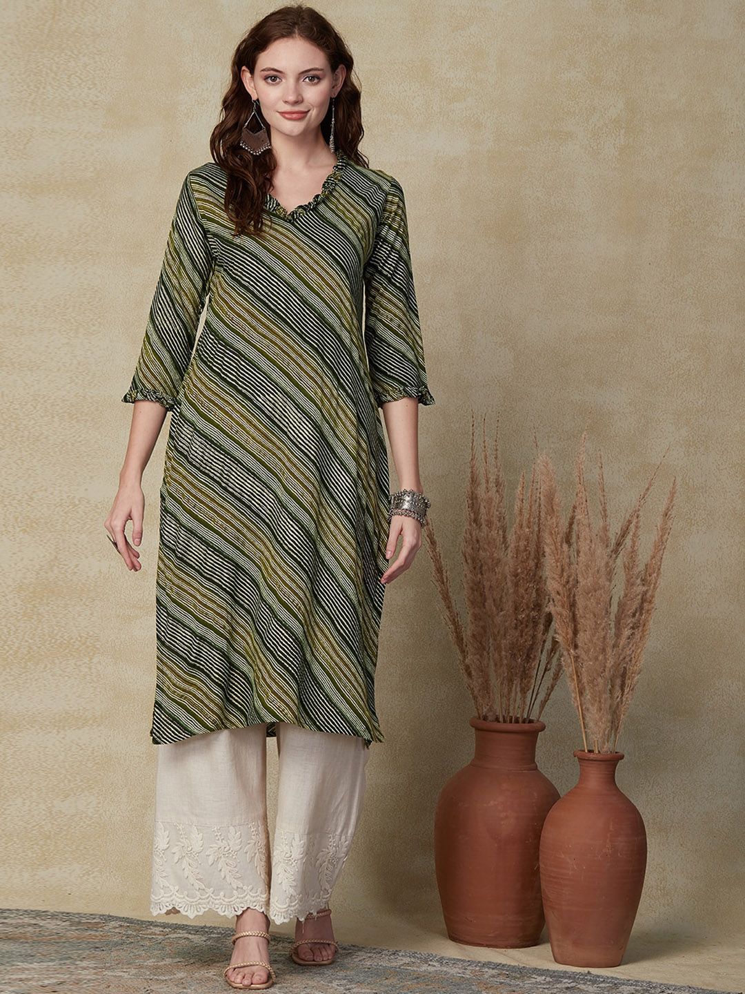 FASHOR Striped V-Neck Ruffles Straight Kurta