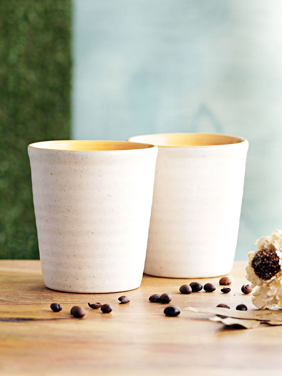 MIAH Decor Off-White & Peach-Coloured 2-Pieces Solid Ceramic Cups and Saucers Set Price in India