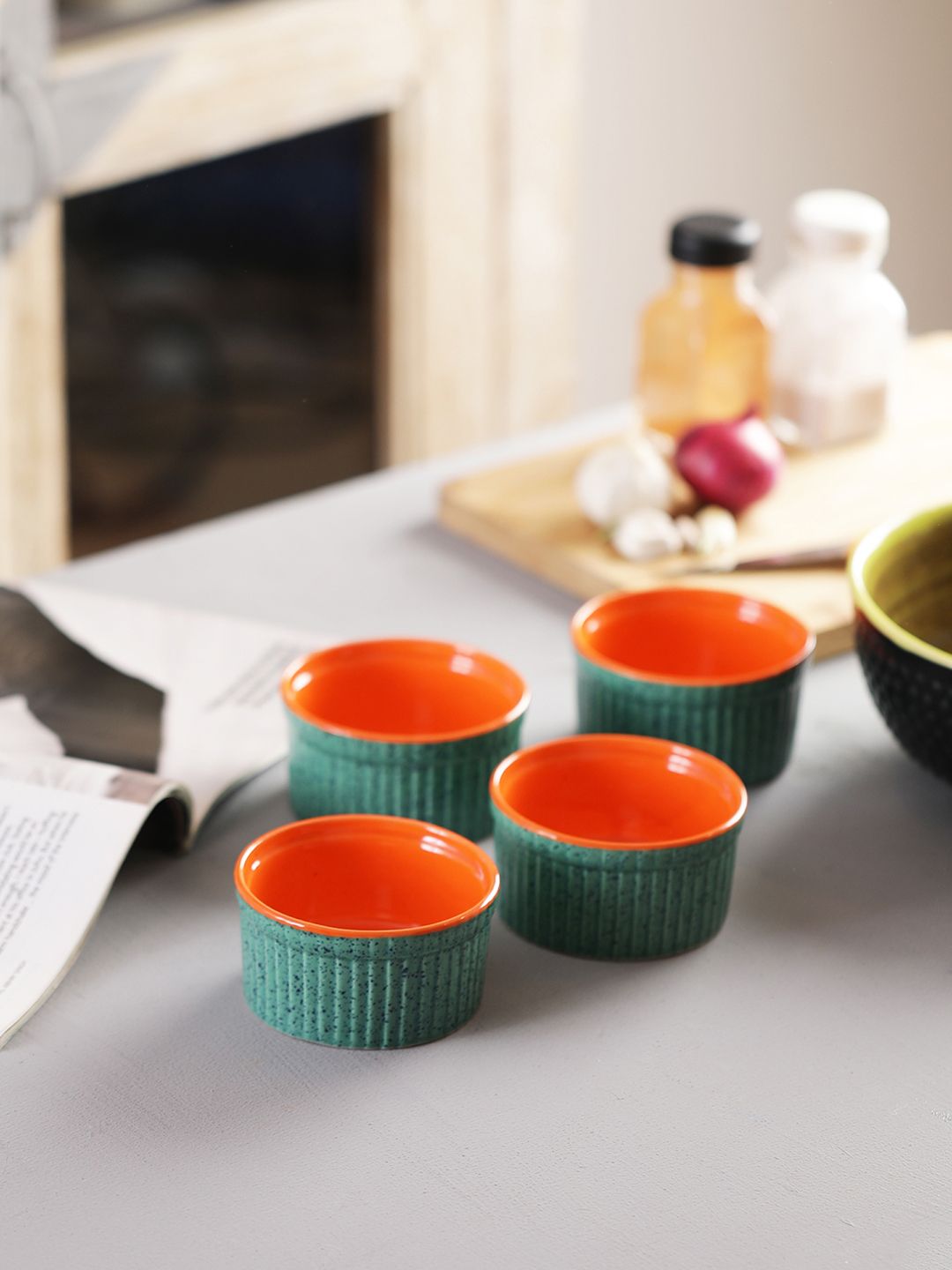 MIAH Decor Orange & Turquoise Blue Set Of 4 Solid Ceramic Bowls Set Price in India