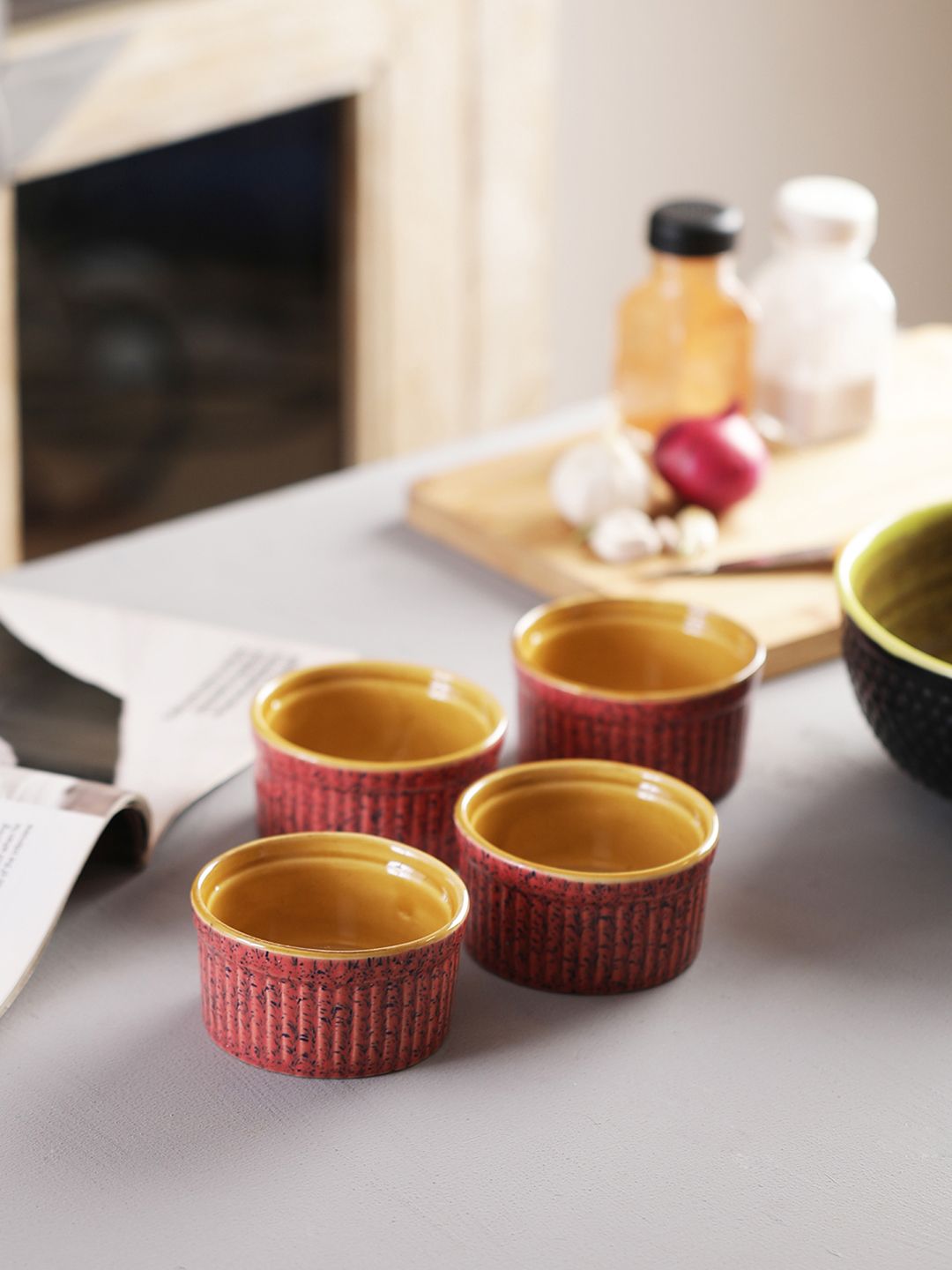 MIAH Decor Pink & Yellow Set Of 4 Solid Ceramic Bowls Set Price in India