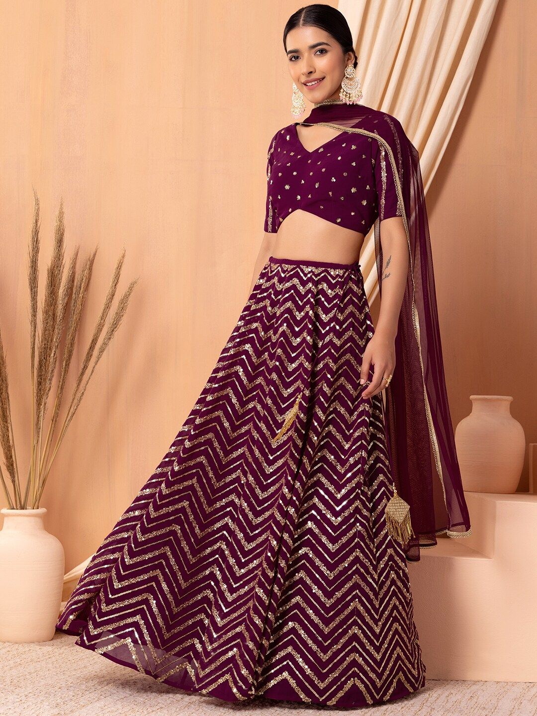 Indya Luxe Embellished Sequinned Ready to Wear Lehenga & Blouse With Dupatta Price in India