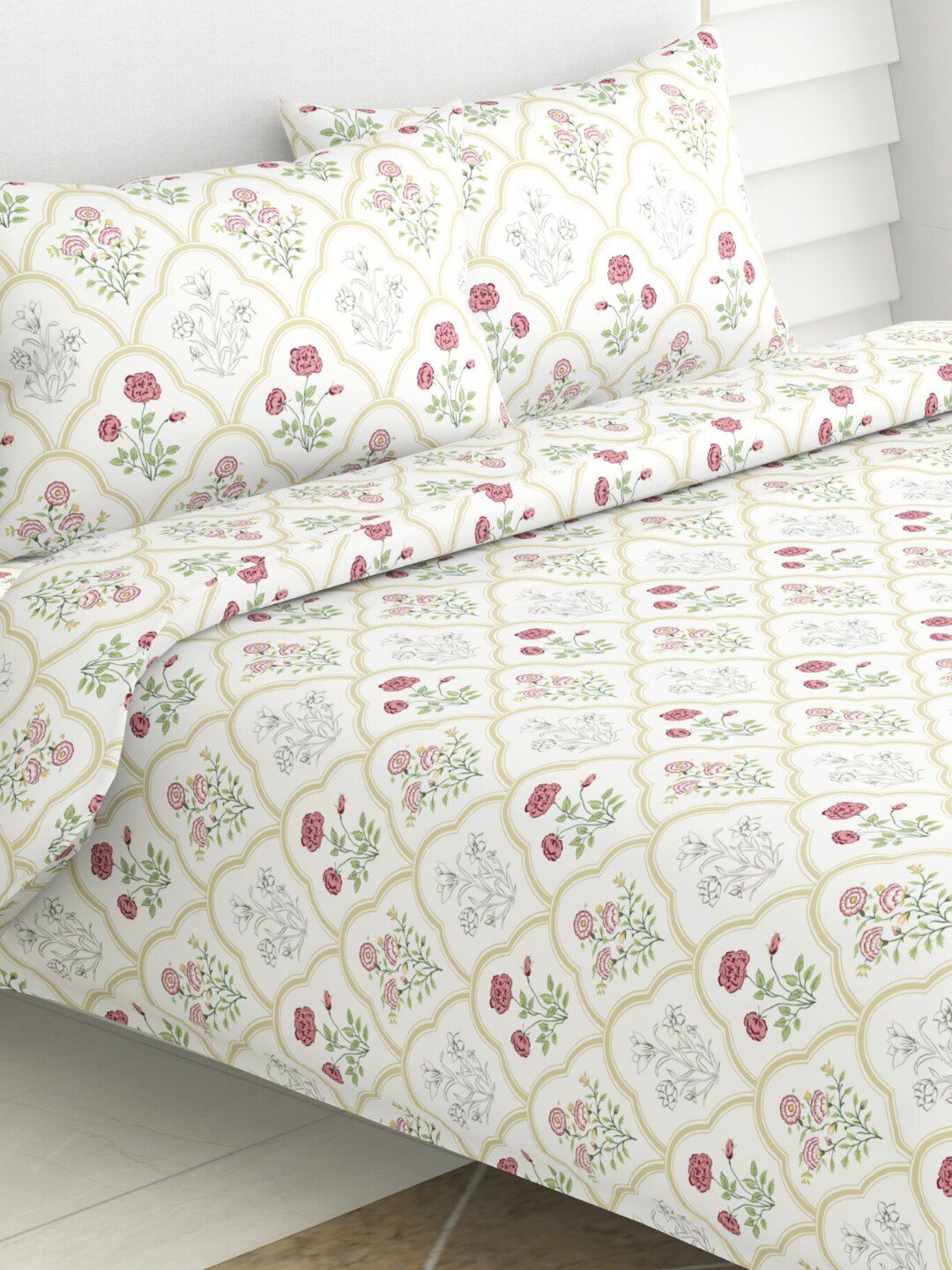 Cotton King Bedsheet with 2 Pillow Covers haus & kinder Rose Serenity White Ethnic Motifs Cotton 186 TC King Fine Bedsheet with 2 Pillow Covers-108 x 108 inches