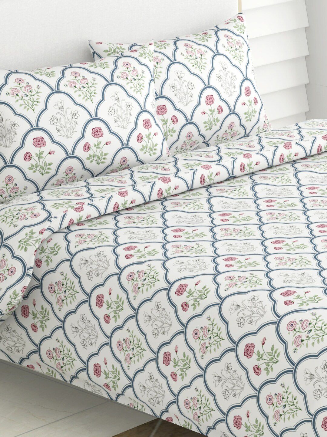 Cotton King Bedsheet with 2 Pillow Covers haus & kinder Classic Trellis Blue Floral Cotton 186 TC King Fine Bedsheet with 2 Pillow Covers-108 x 108 inches
