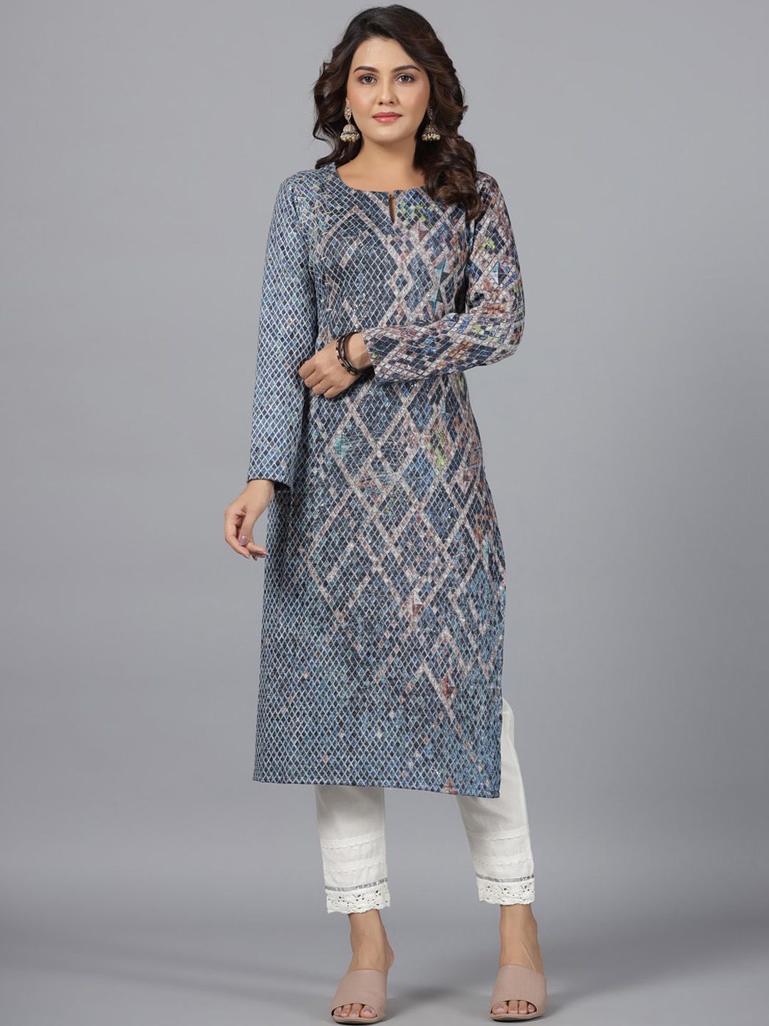 Juniper Geometric Printed Keyhole Neck Sequinned Straight Kurta