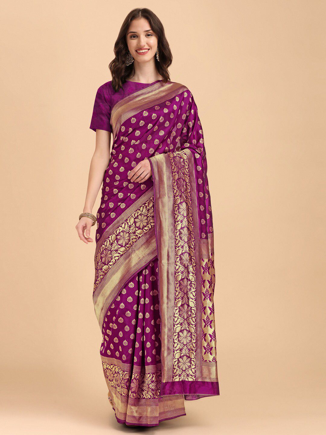 SHIJILA Purple & Gold-Toned Woven Design Zari Silk Blend Kanjeevaram Saree Price in India