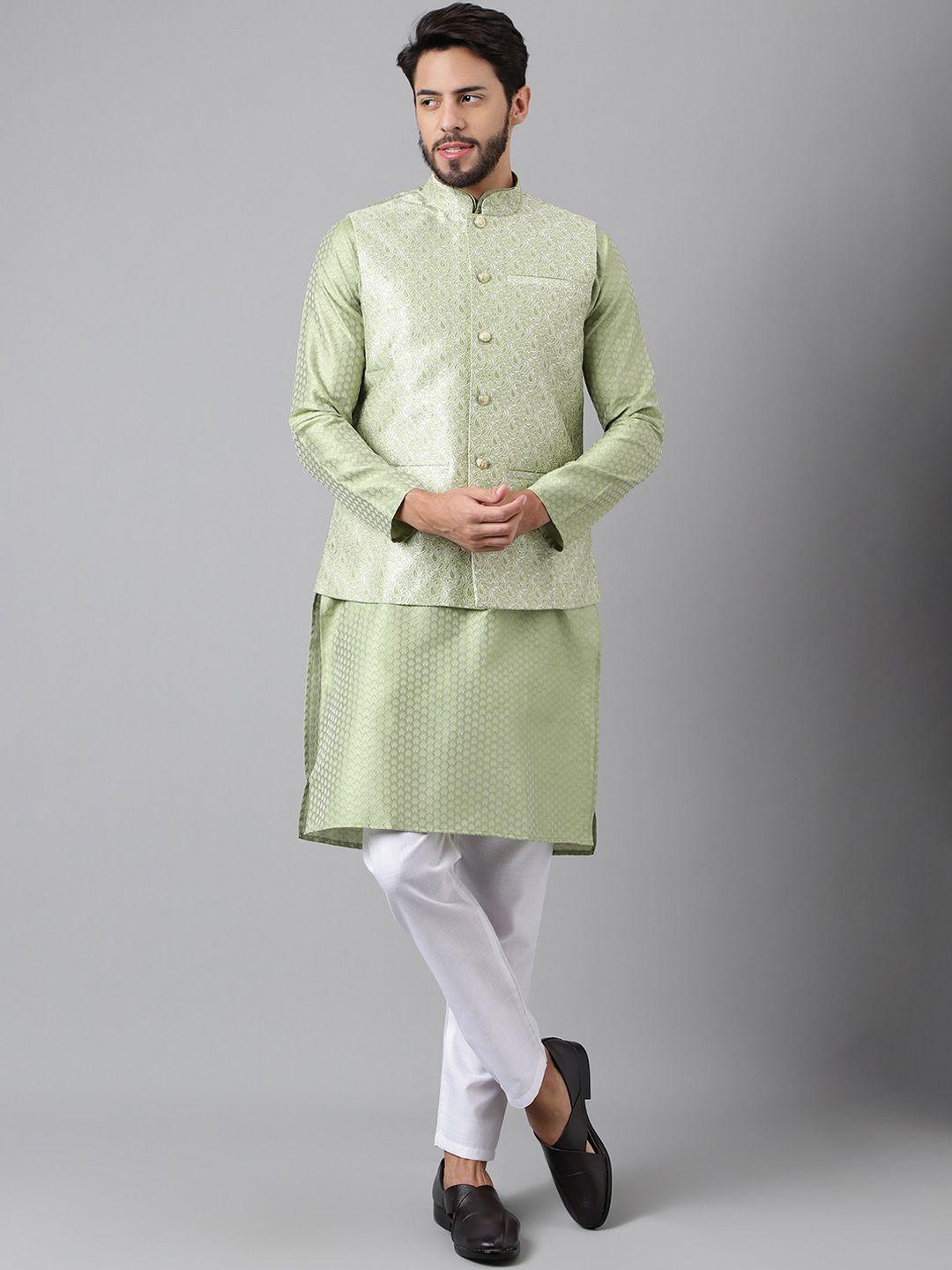 Sangria Sangria Olive Green Geometric Woven Design Straight Kurta With Pyjamas & Nehru Jacket