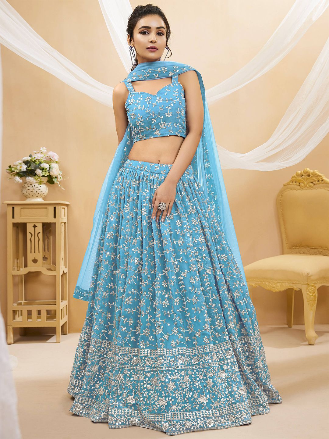 FABPIXEL Embroidered Sequinned Semi-Stitched Lehenga Choli With Dupatta Price in India