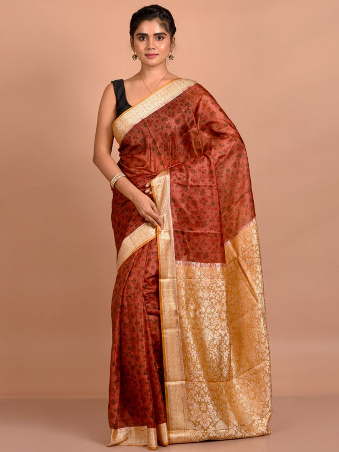 AllSilks Rust & Gold-Toned Floral Zari Pure Silk Saree Price in India